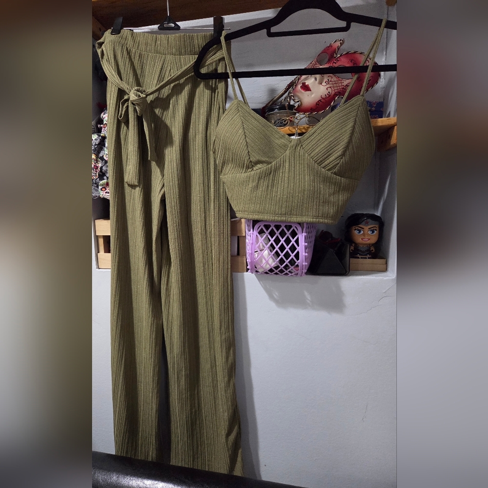 Olive Green Ribbed Two-Piece Set